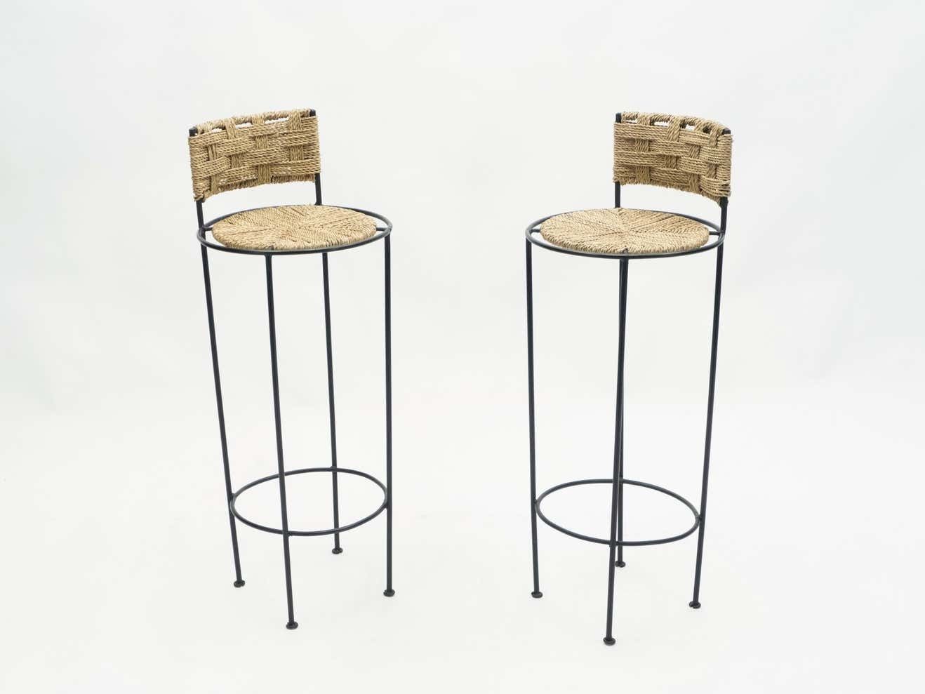 Pair Of French Bar Stools Rope And Metal By Audoux Minet, 1950s photo furniture