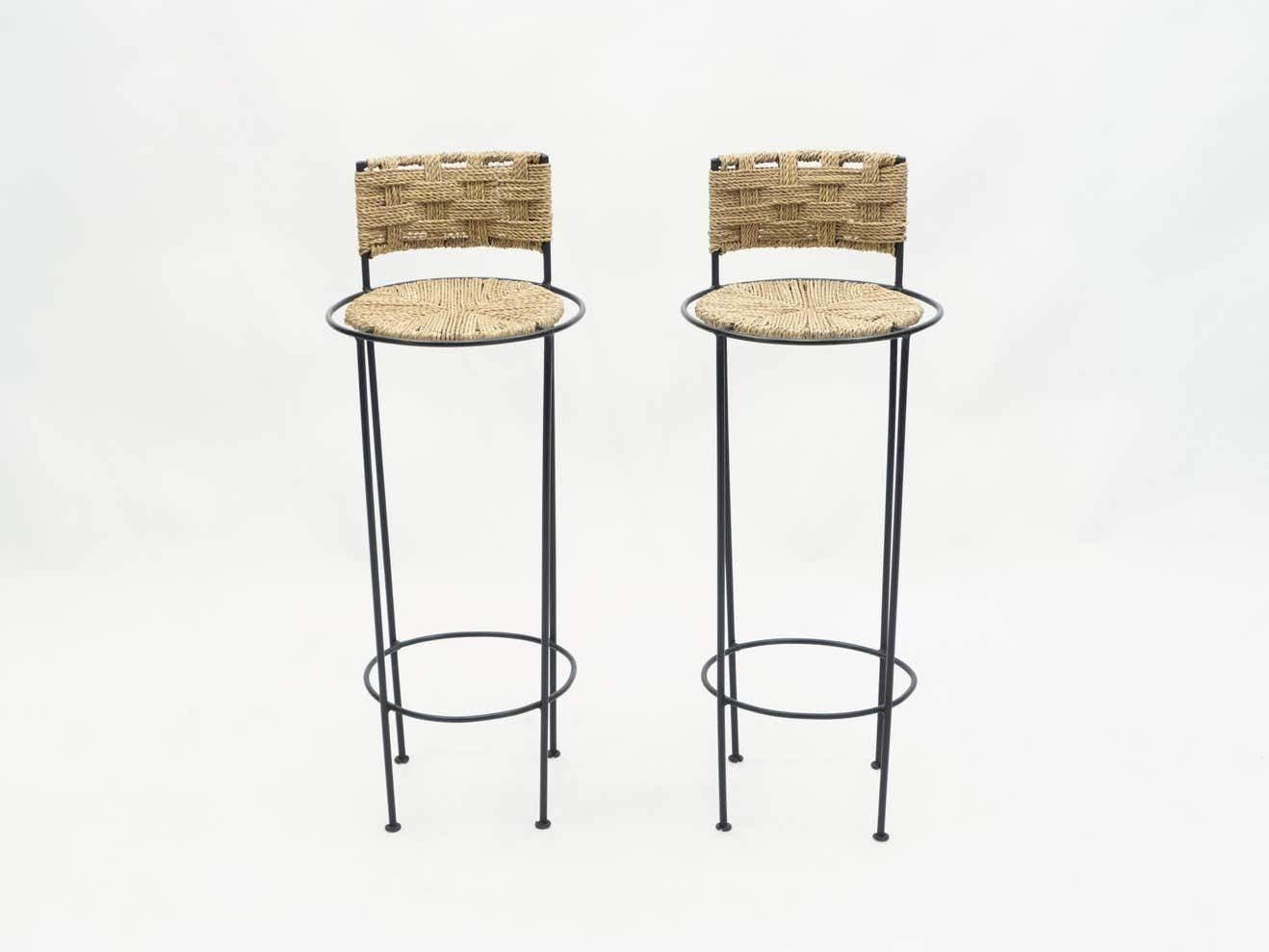 Pair Of French Bar Stools Rope And Metal By Audoux Minet, 1950s photo Furniture