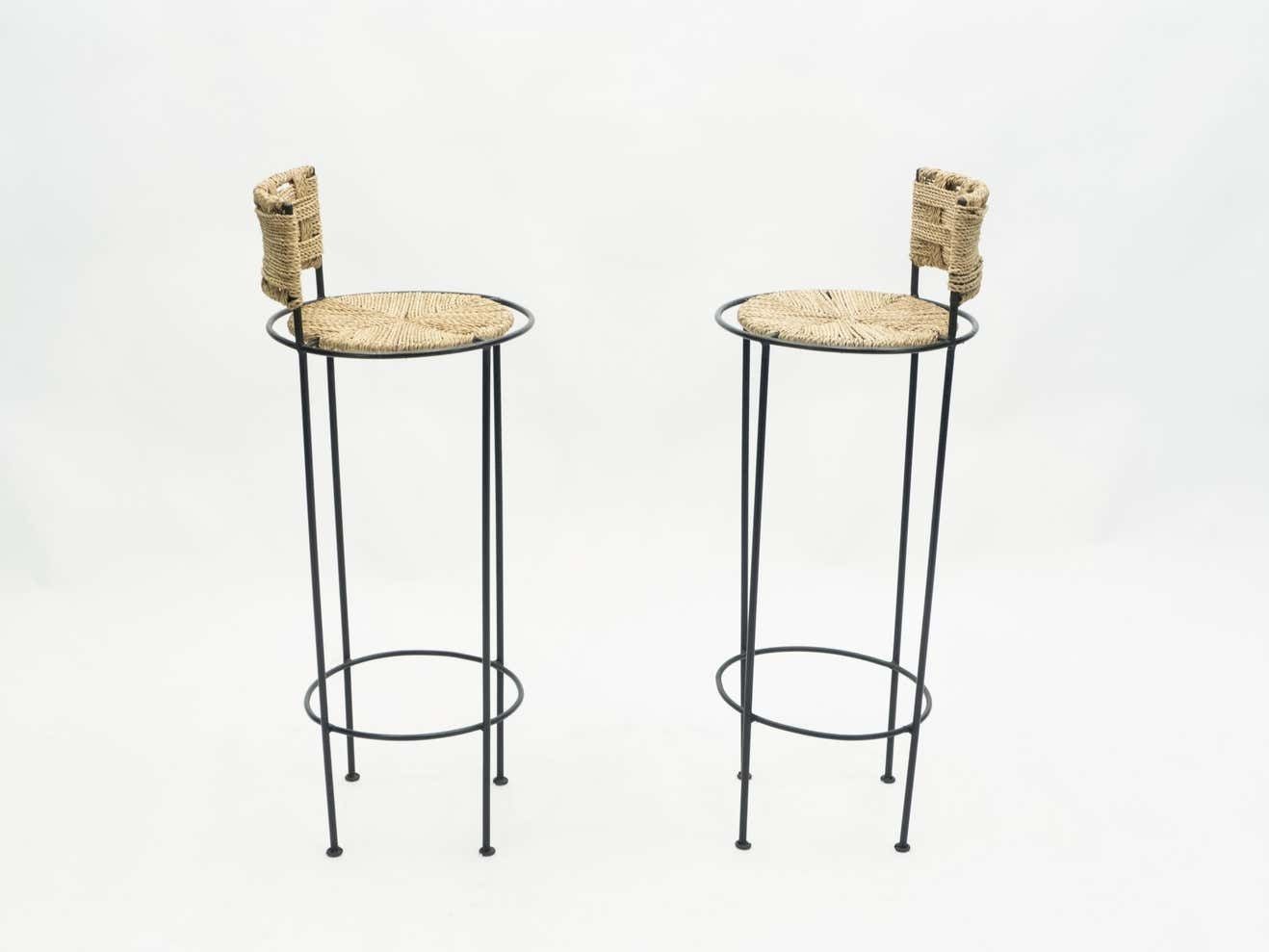 Pair Of French Bar Stools Rope And Metal By Audoux Minet, 1950s photo 2719.575