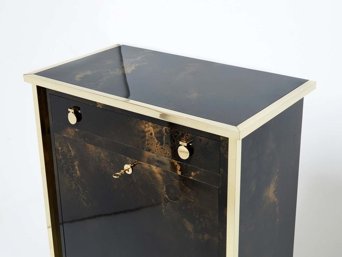 photo for sale Rare Golden Lacquer And Brass Maison Jansen Secretary Cabinet 1970s