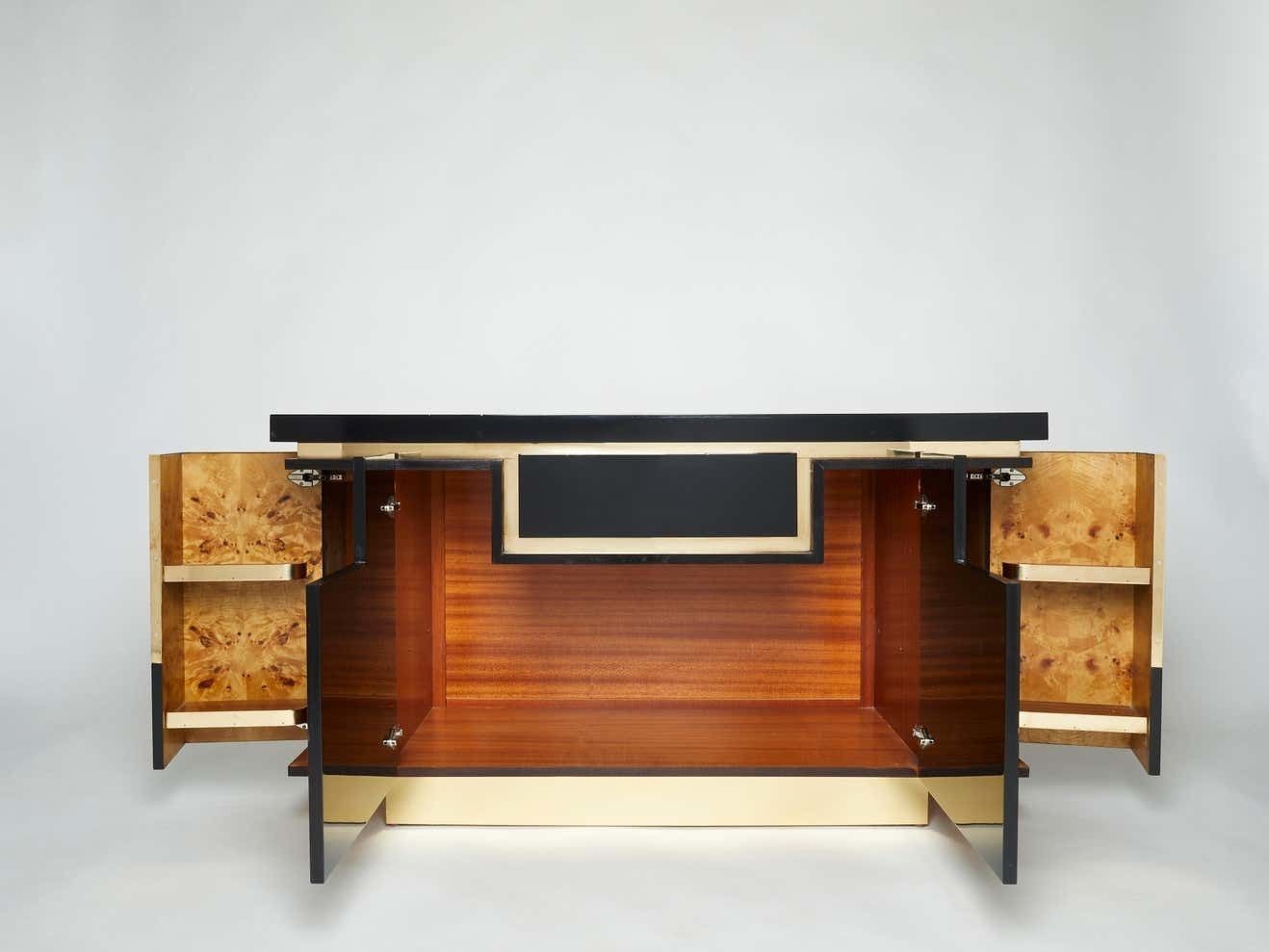Furniture J.C. Mahey Brass Black Lacquered Sideboard Bar Cabinet 1970s photo