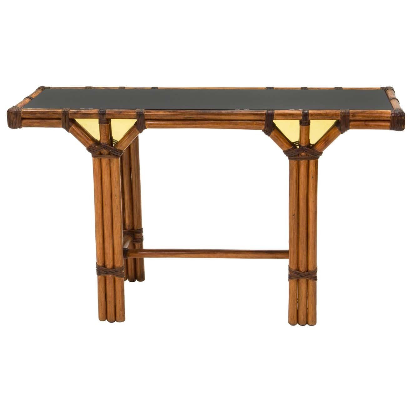 Console française en bambou et laiton, plateau en verre noir, années 1970