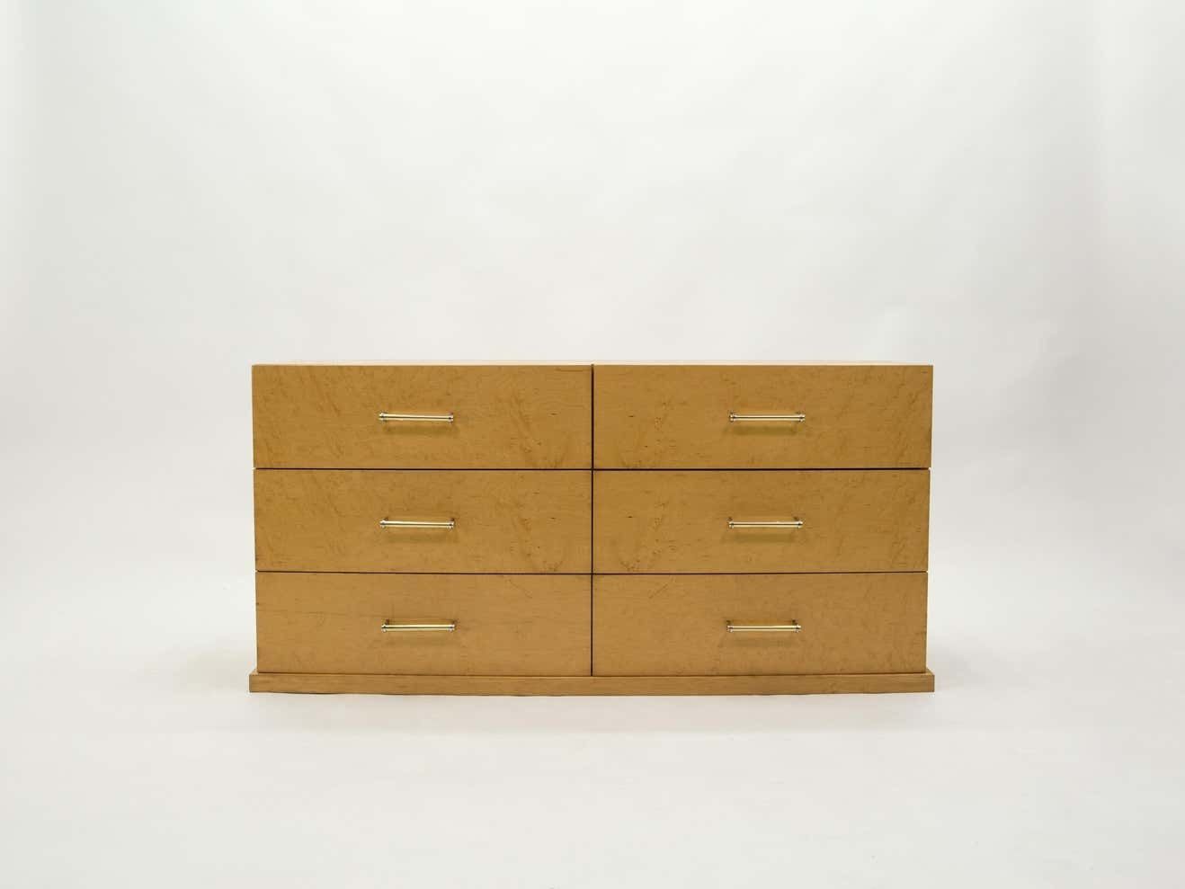 Grande commode française en sycomore avec poignées en laiton, années 1950 photo Mobilier