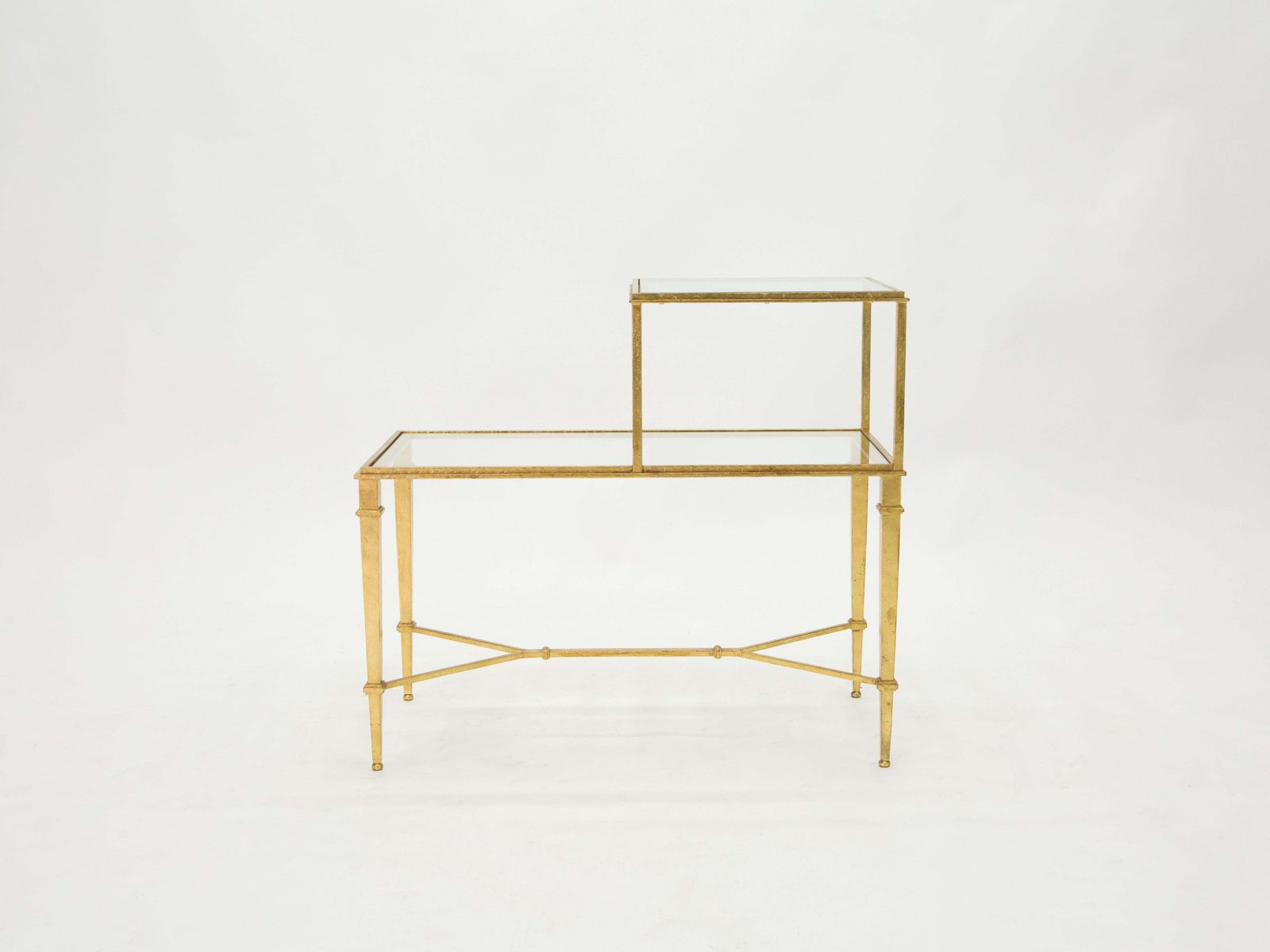 Table d'appoint à deux plateaux en verre et fer forgé doré Roger Thibier, années 1960 photo furniture