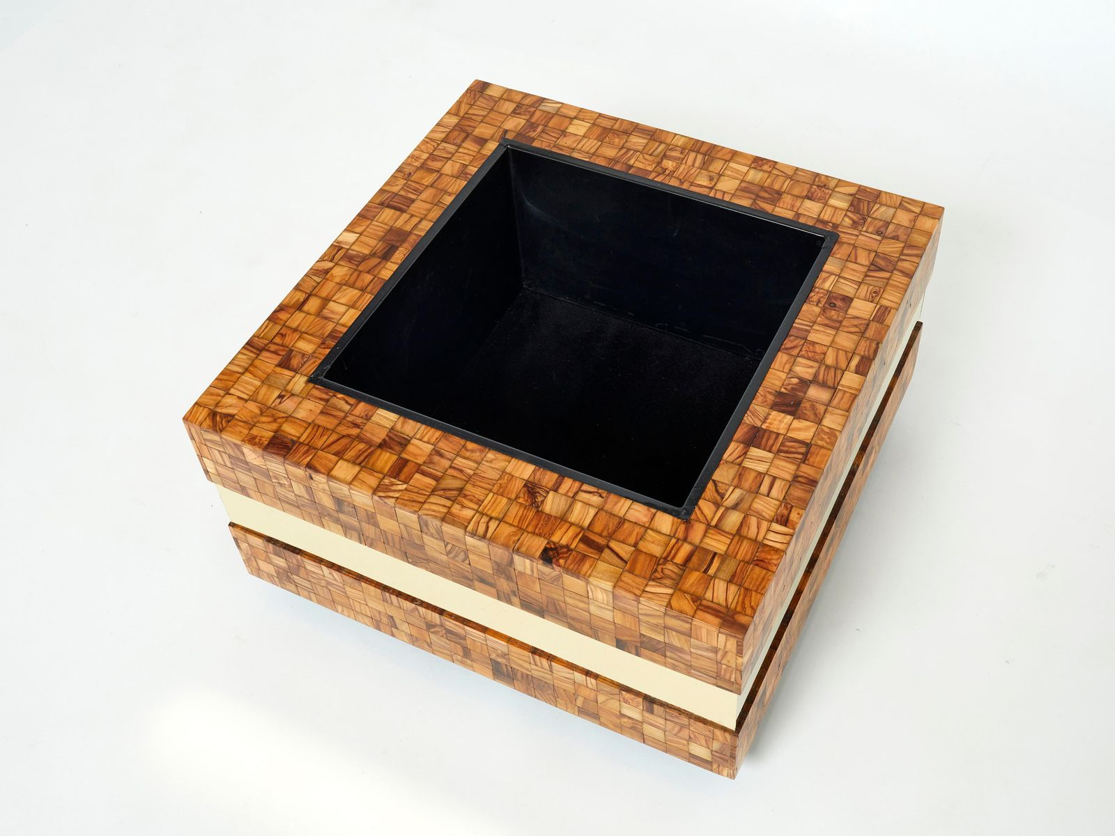 Italian Sandro Petti Olive Wood Marquetry Brass Bar Table Planter, 1970s photo furniture