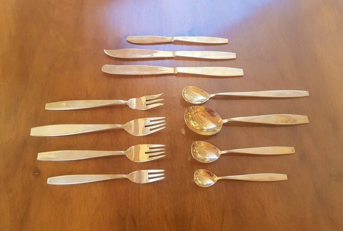 Midcentury Modern Gold Tone Flatware For Six People 1970s photo for sale