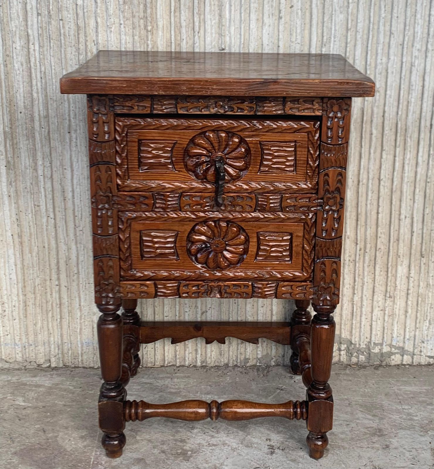Antique Spanish Carved Walnut End Table Or Nightstand With 2 Drawers photo for sale