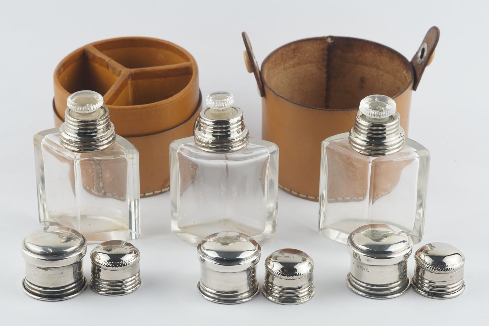 Set Of 3 Small Cased Scent Decanters Hallmarked Wolfsky & Co Ltd London 1928 photo Home Decor