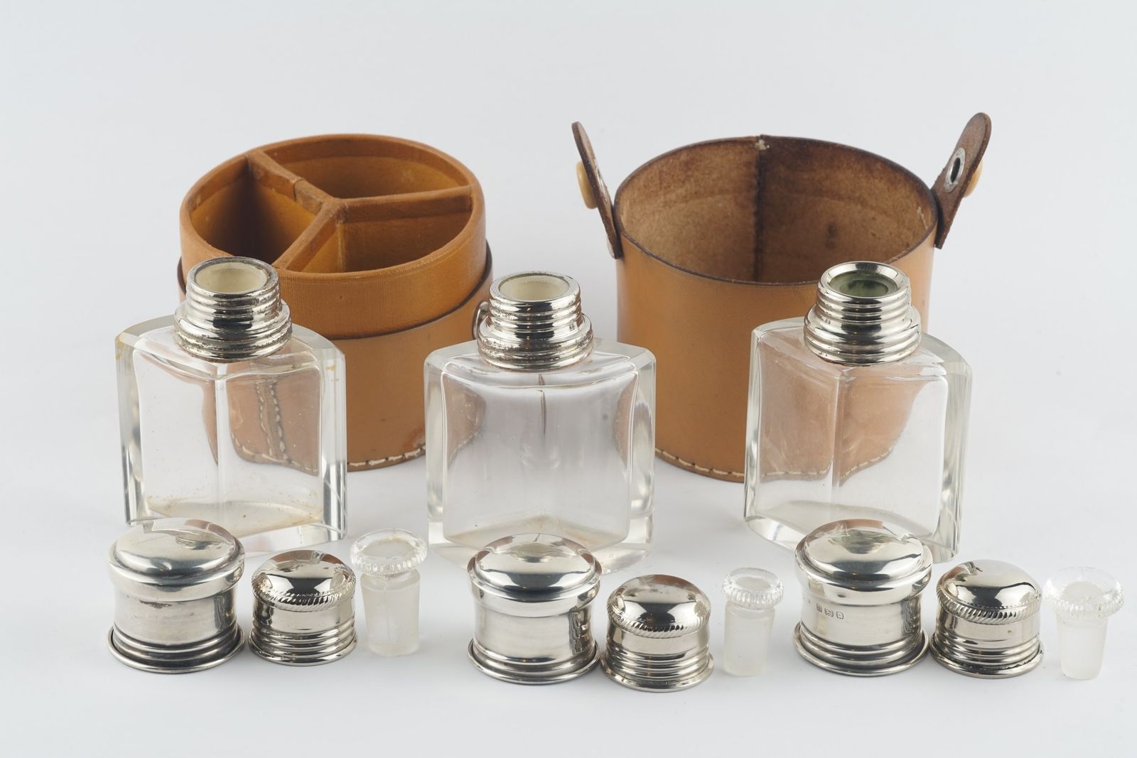 Set Of 3 Small Cased Scent Decanters Hallmarked Wolfsky & Co Ltd London 1928 photo 325.0