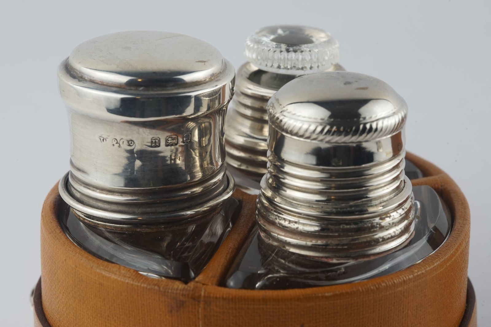 Set Of 3 Small Cased Scent Decanters Hallmarked Wolfsky & Co Ltd London 1928 photo vinterior