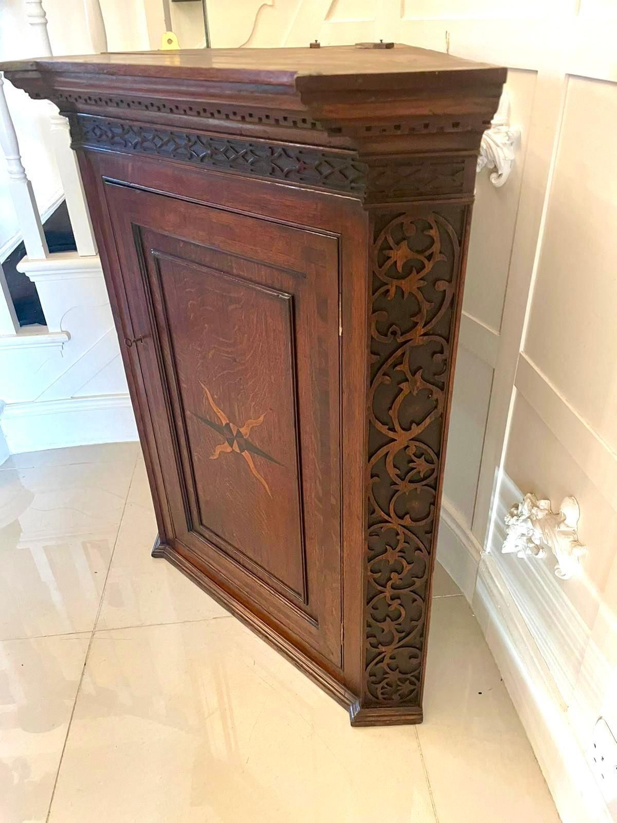 1385.0 Outstanding Antique George III Quality Oak Inlaid Hanging Corner Cabinet Out photo