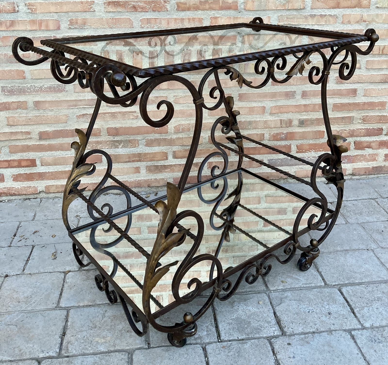 19th Century French Table Iron Bar Cart With Wheels And Two Mirror Tops