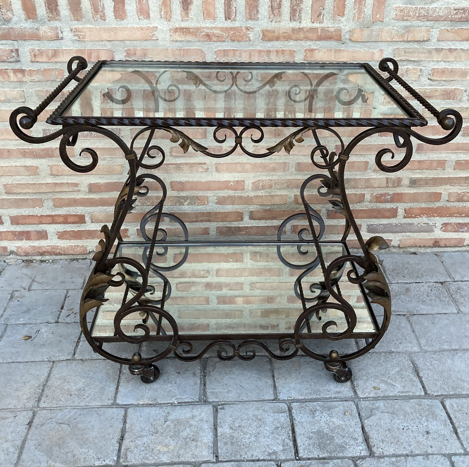19th Century French Table Iron Bar Cart With Wheels And Two Mirror Tops photo vinterior