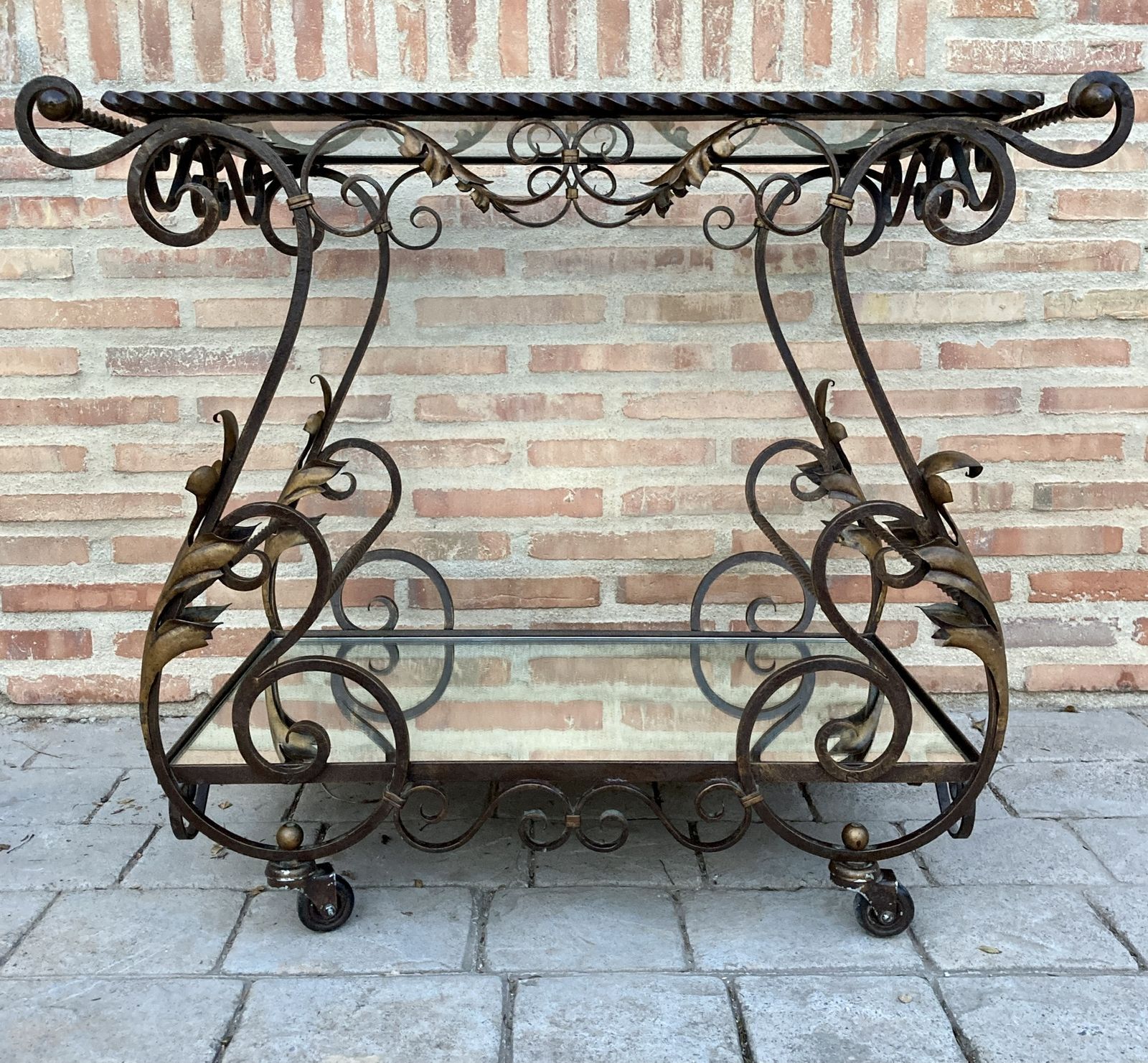 19th Century French Table Iron Bar Cart With Wheels And Two Mirror Tops photo vintage