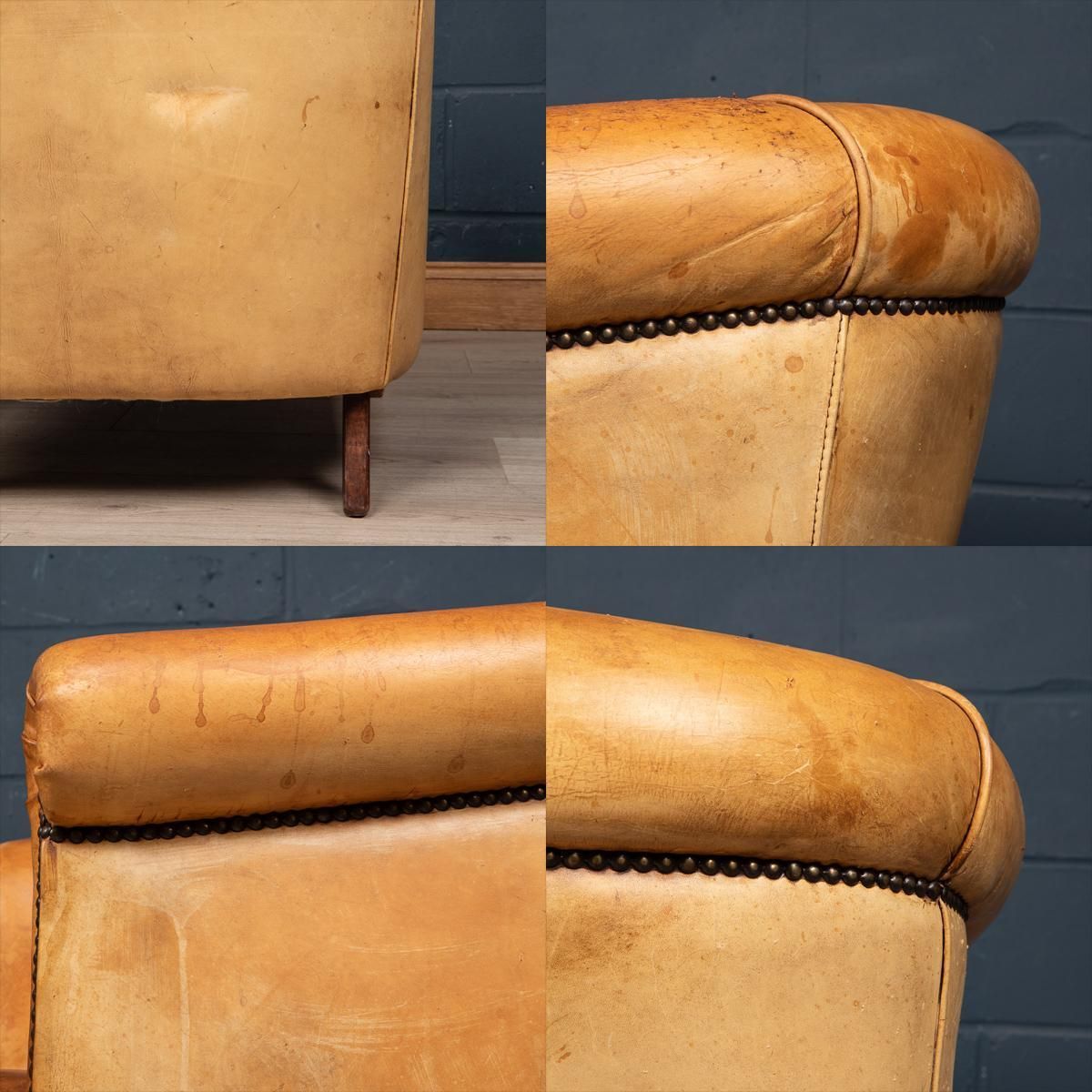20th Century Dutch Sheepskin Leather Tub Chair & Footstool photo vintage