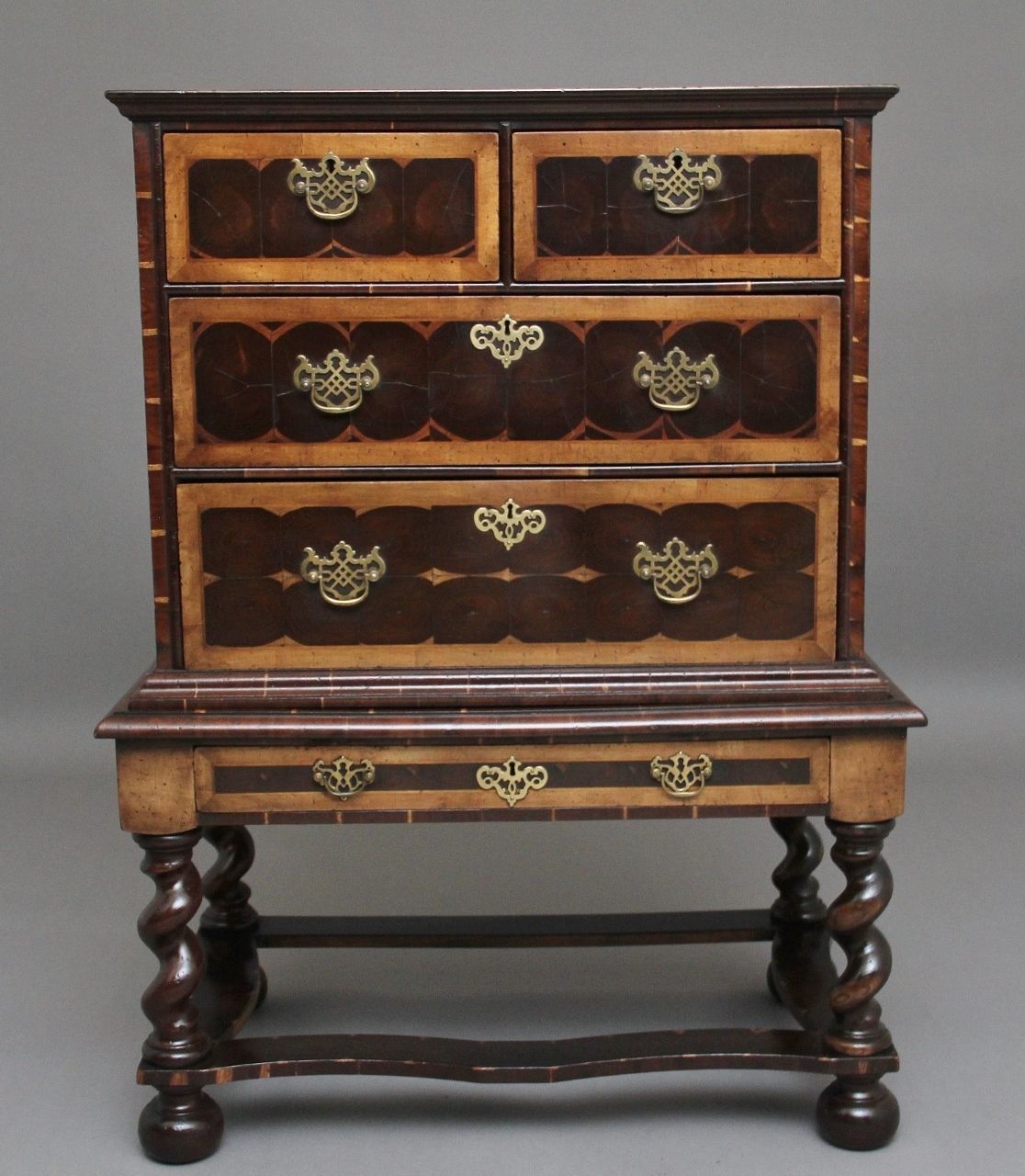 Early 20th Century Laburnam Oyster Chest On Stand In The Style Of William & Mary photo furniture