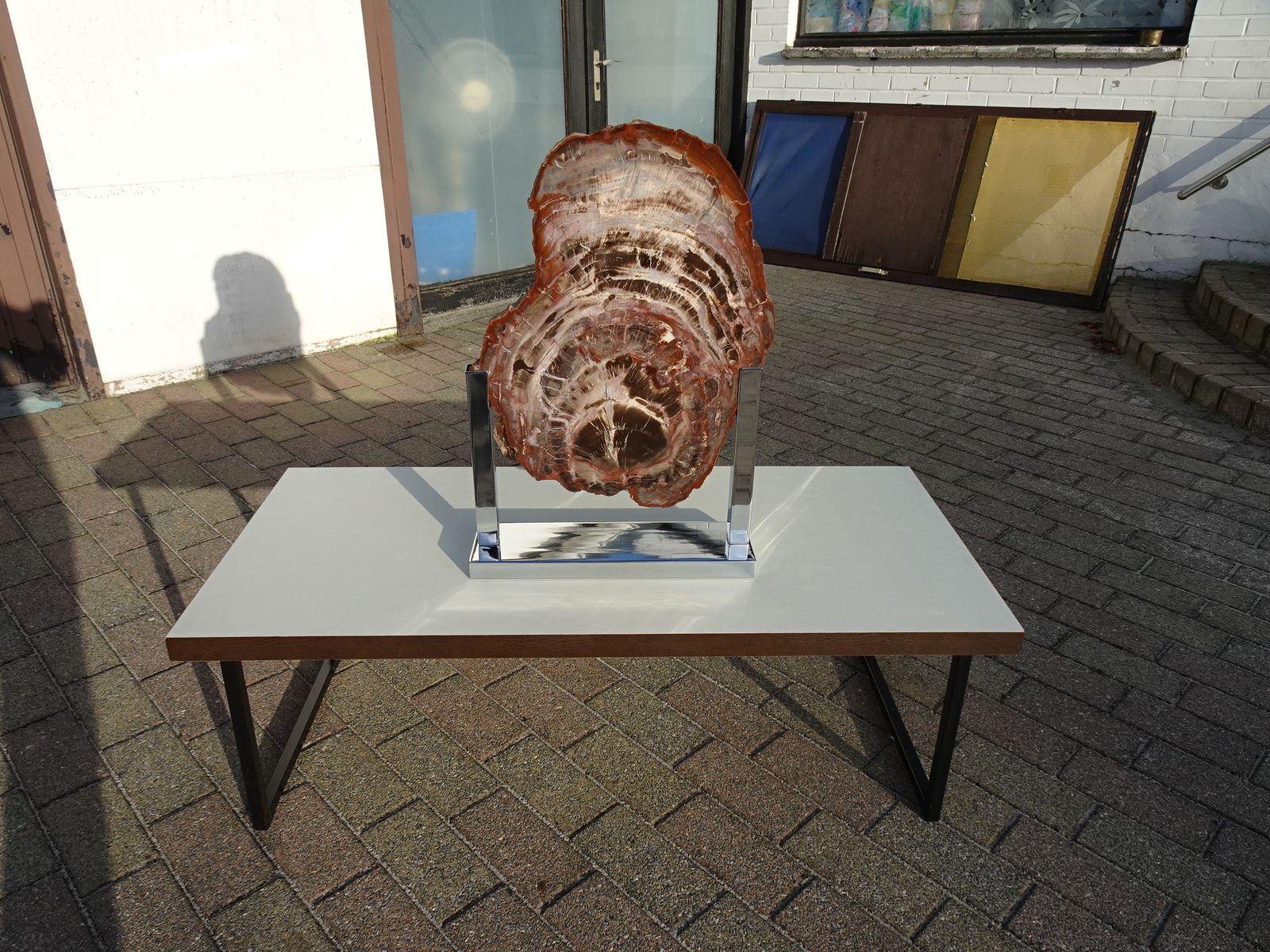 photo for sale Large Vintage Fossil Petrified Wood Sculpture On Chrome Base 1970s In The Manner Of Ado Chale