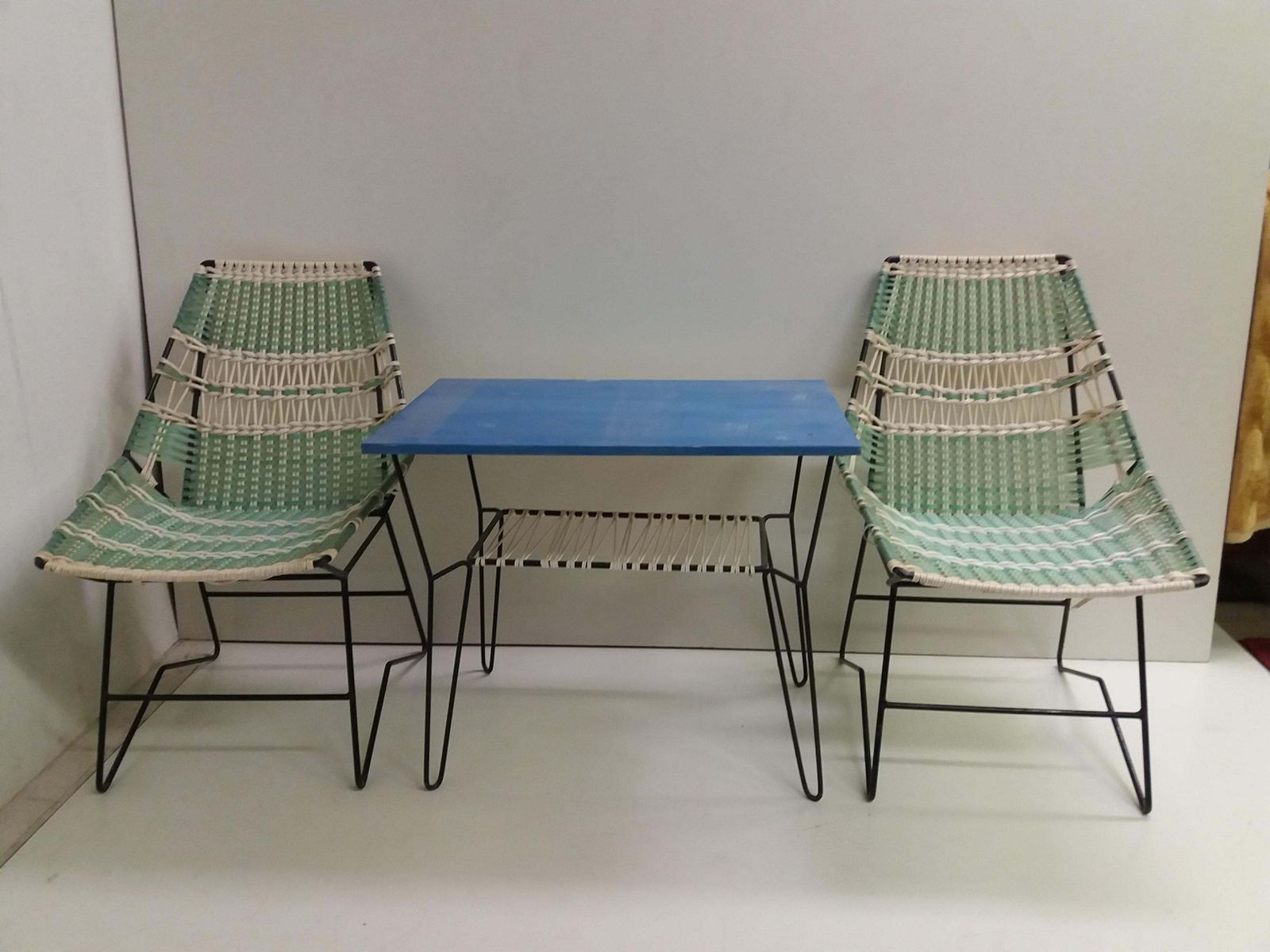 Tuinmeubelen Paar Gevlochten Fauteuils + Vertex Tafel, Tsjecho Slowakije, 1960 photo