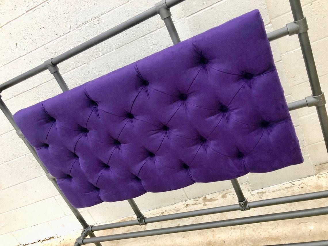 Relugas Industrial Steel Pipe Kingsize Bed Frame With Designers Guild Purple Faux Suede Deep Buttoned Padded And Upholstered Headboard photo vinterior