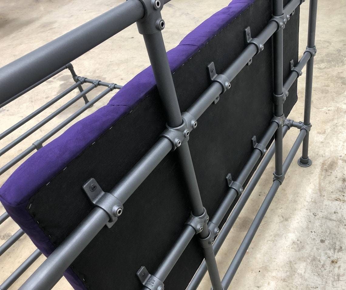 Relugas Industrial Steel Pipe Kingsize Bed Frame With Designers Guild Purple Faux Suede Deep Buttoned Padded And Upholstered Headboard photo buy