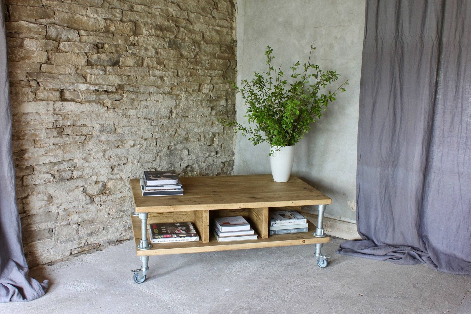 Elena Reclaimed Scaffolding Board And Industrial Pipe Coffee Table With Storage Bespoke Industrial Furniture