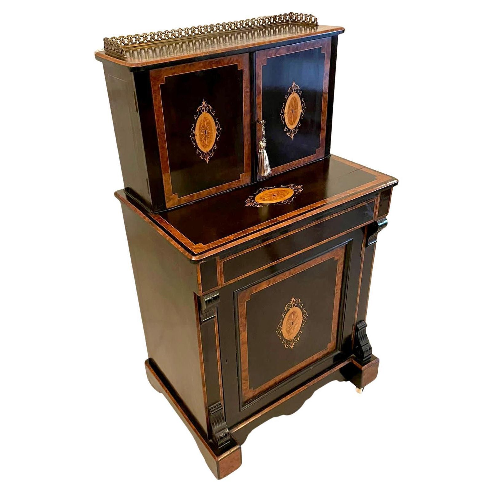Unusual Antique Victorian Quality Ebonised And Burr Walnut Inlaid Writing Desk photo furniture