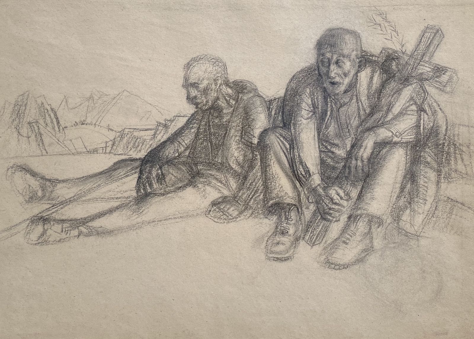 Robert Sergent Austin Charcoal Drawing Of Men With A Crucifix, 20th Century