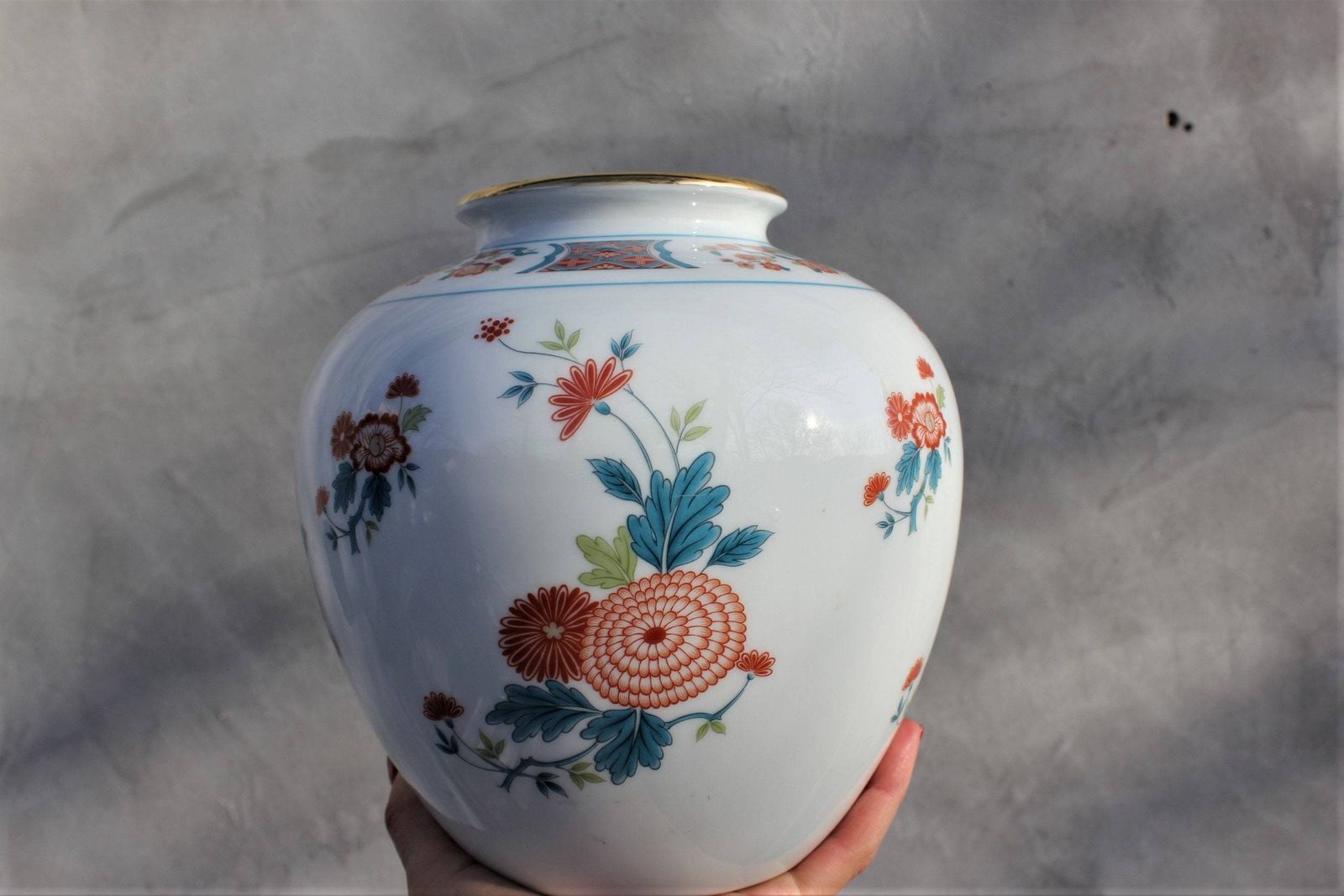 Japanese Porcelain Vase Asian White Vase Hand Painted Floral Vase Porcelain photo for sale