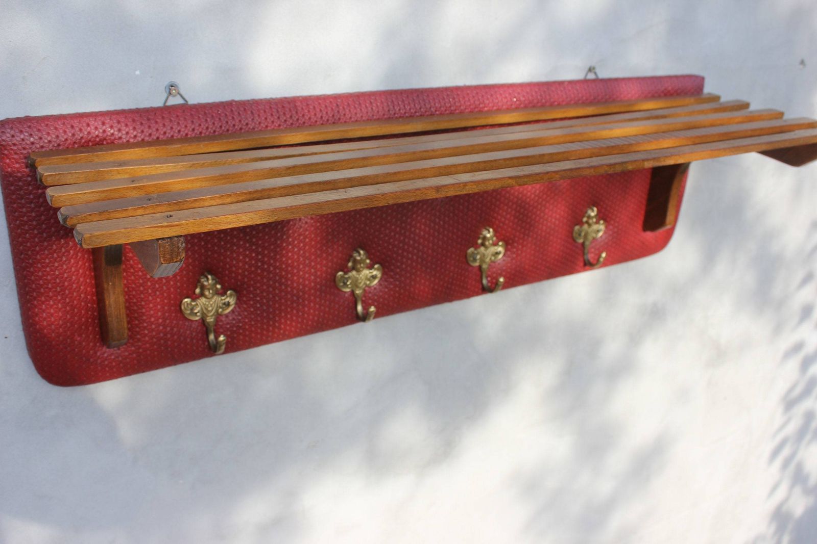 Wall Hanger Panel, Coat And Hats Rack, Wood And Leather, Mid Century Wardrobe Red Teak, Hallway 60s Style