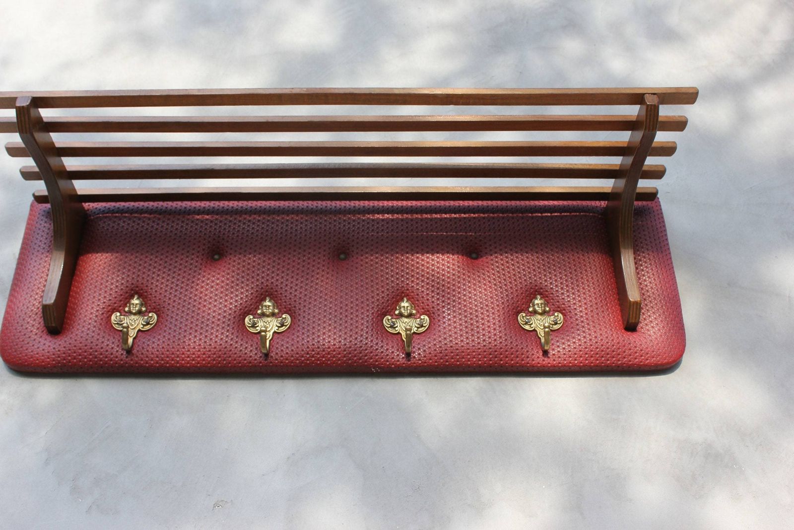 Wall Hanger Panel, Coat And Hats Rack, Wood And Leather, Mid Century Wardrobe Red Teak, Hallway 60s Style photo furniture