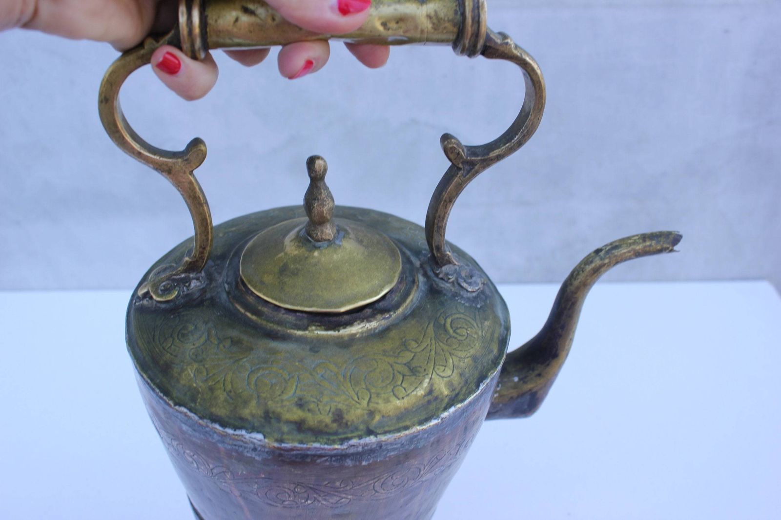 Copper Brass Kettle Moroccan Embossed Large Kettle Tea Pot High Handle Ornate Design photo Home Decor