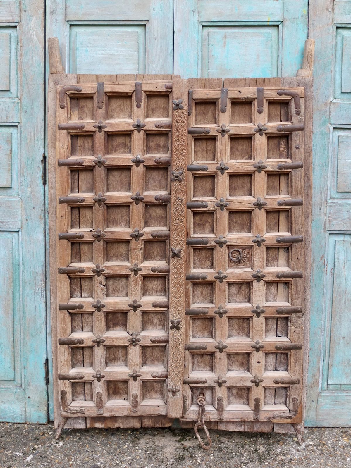 A Stunning Pair Of Large Antique Indian Studded Panelled Wooden Doors