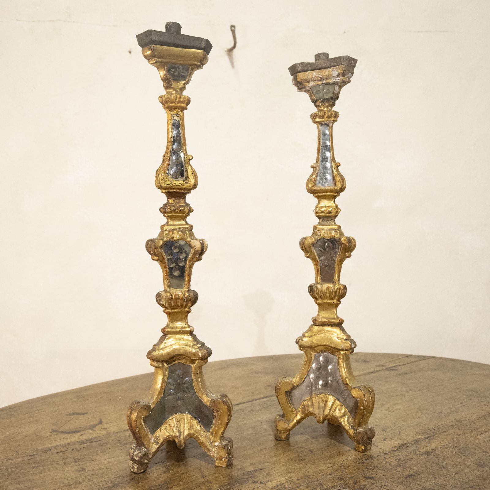A Pair Of 18th Century Gilded & Mirrored Glass Venetian Altar Candlesticks