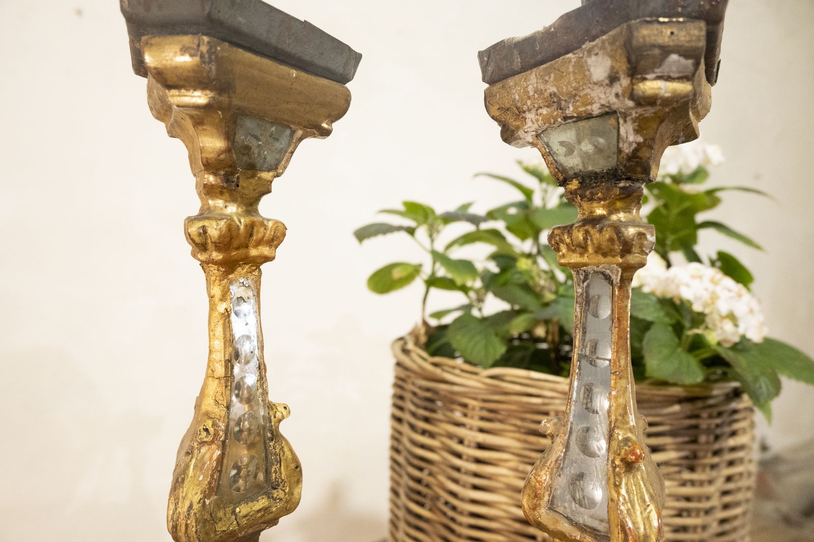 A Pair Of 18th Century Gilded & Mirrored Glass Venetian Altar Candlesticks photo vintage