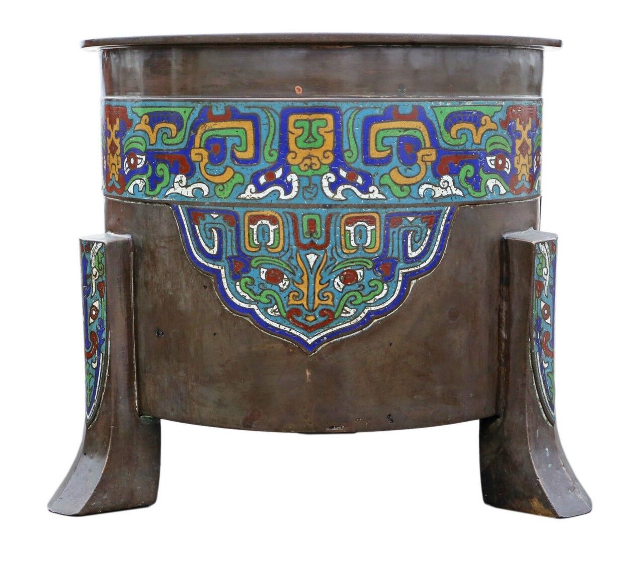 Oriental Japanese Chinese Bronze Champleve Enamel Jardiniere Planter Bowl C1920 Meiji Period photo for sale