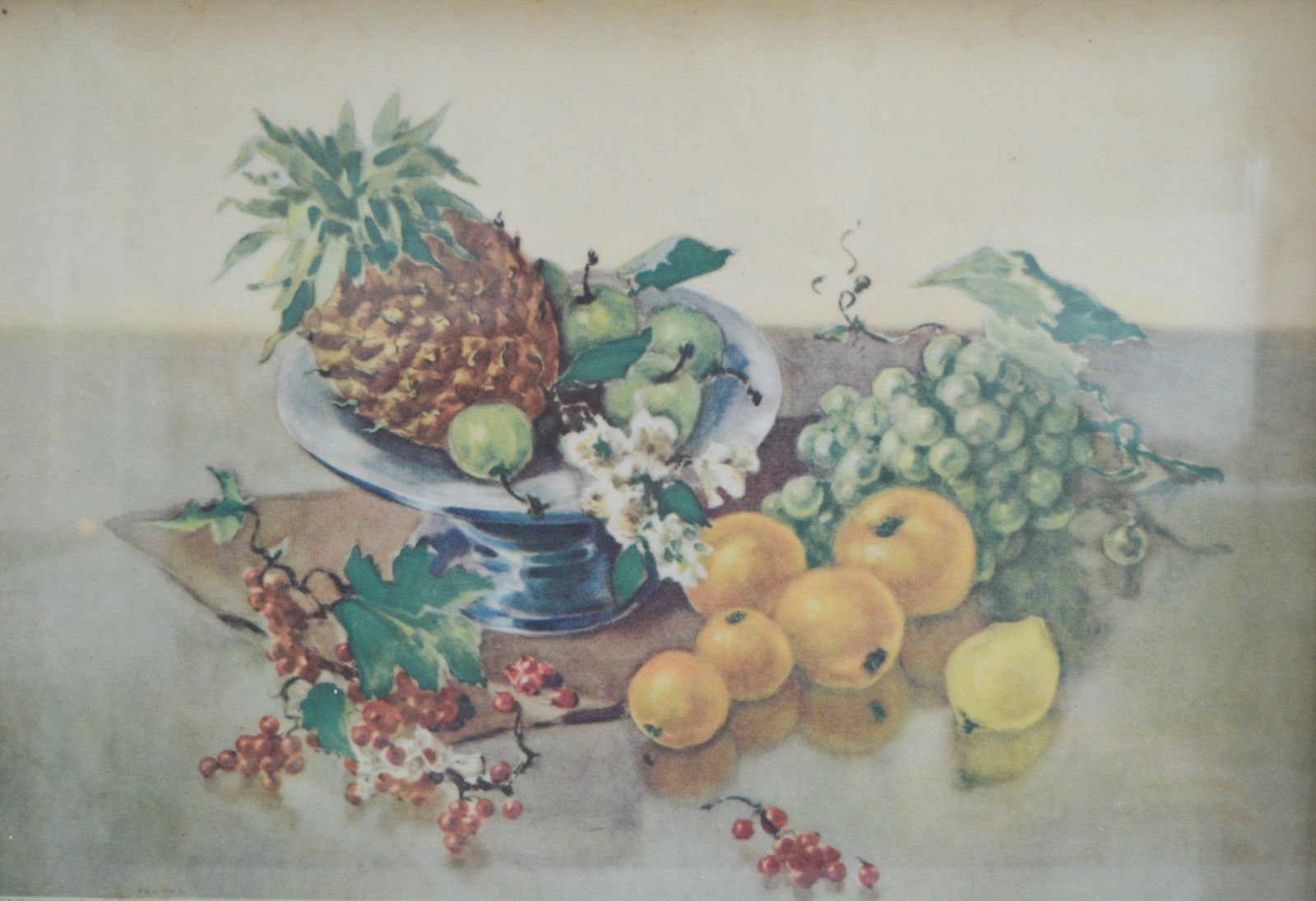 Rare Shabby Chic Hand Made Serving Tray, Large Heavy White Wood Glass Insert, Art Print Still Life Fruit  50x 33cm photo 70.0