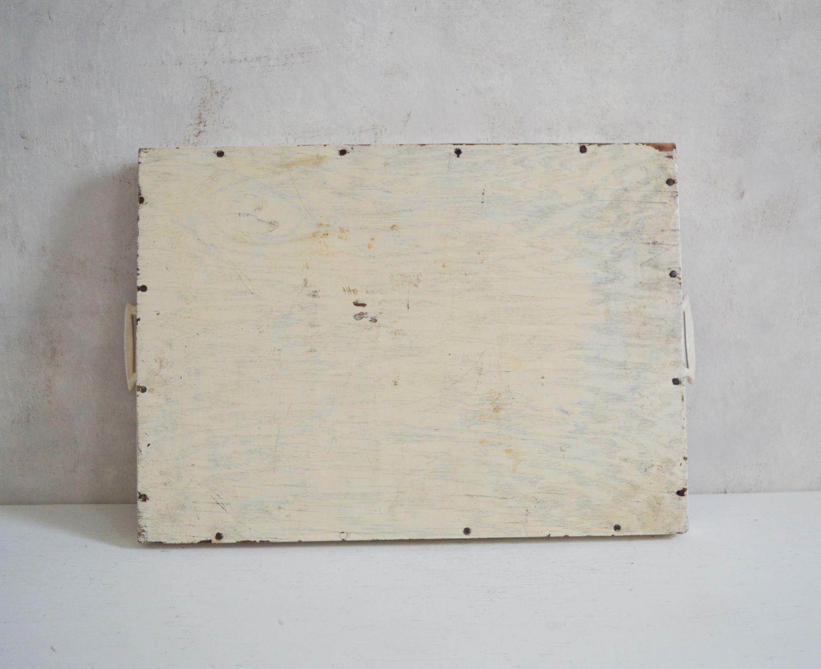 Rare Shabby Chic Hand Made Serving Tray, Large Heavy White Wood Glass Insert, Art Print Still Life Fruit  50x 33cm photo vinterior