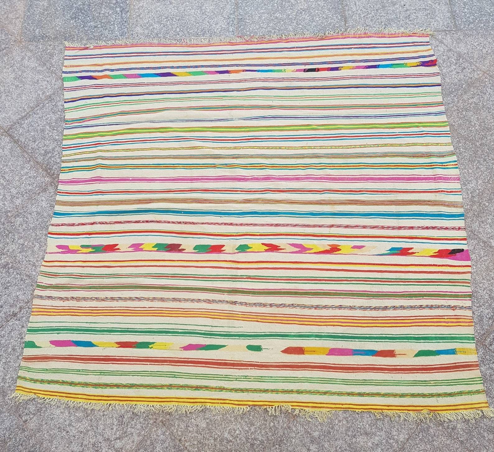 Xl Handmade Striped Vintage Algerian Area Rug   Berber Ethnic Carpet 200 X 193cm