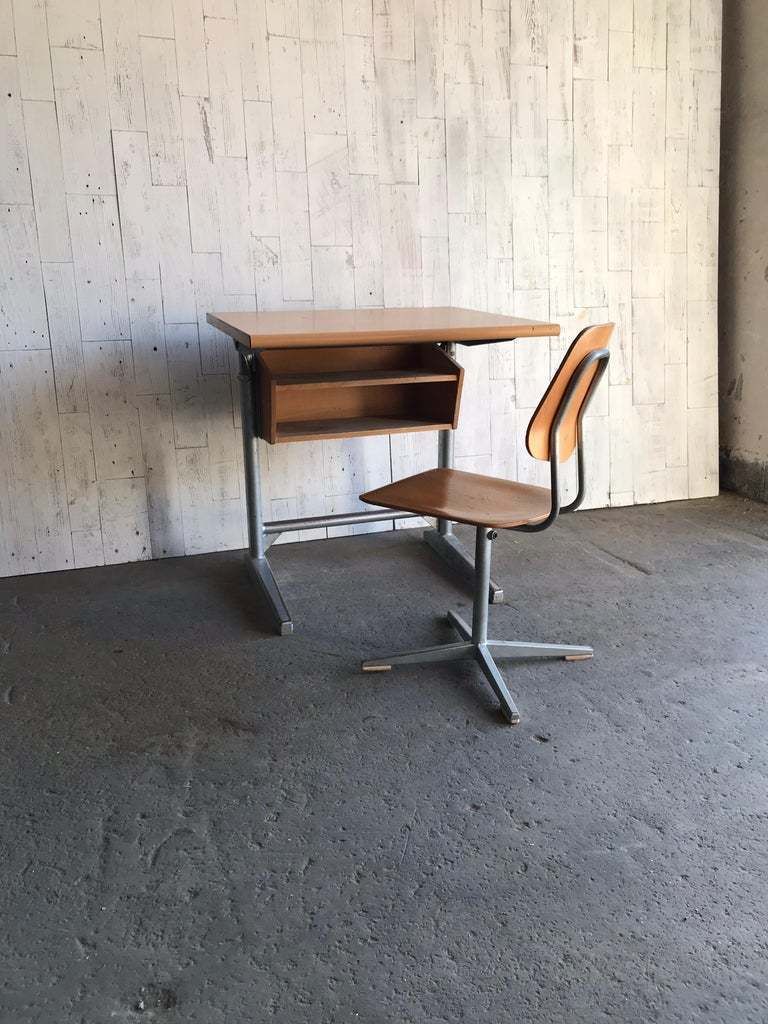 photo furniture Embru Original 1960s Swiss Made School Bench, Desk, Office Table And Chair