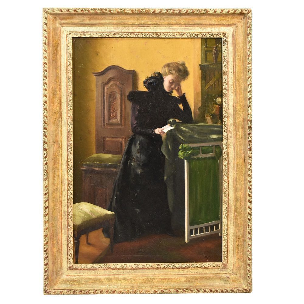 Antique Woman Portrait Painting, French Oil On Canvas,  Late 19th Century. (Qr 317)