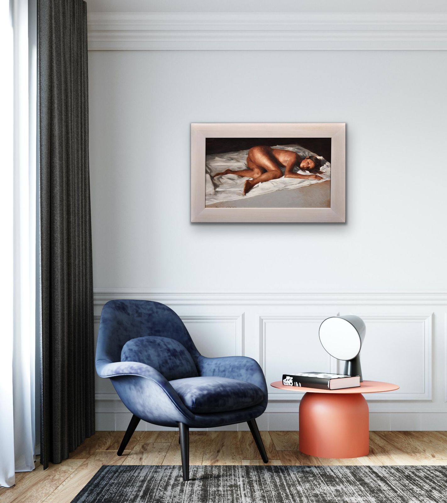 David Knight B.1965.  English. White Linen. Oil On Canvas. Framed. Reclining Female Nude Pose. Artist Lives & Works In Cardiff, Wales. photo vintage
