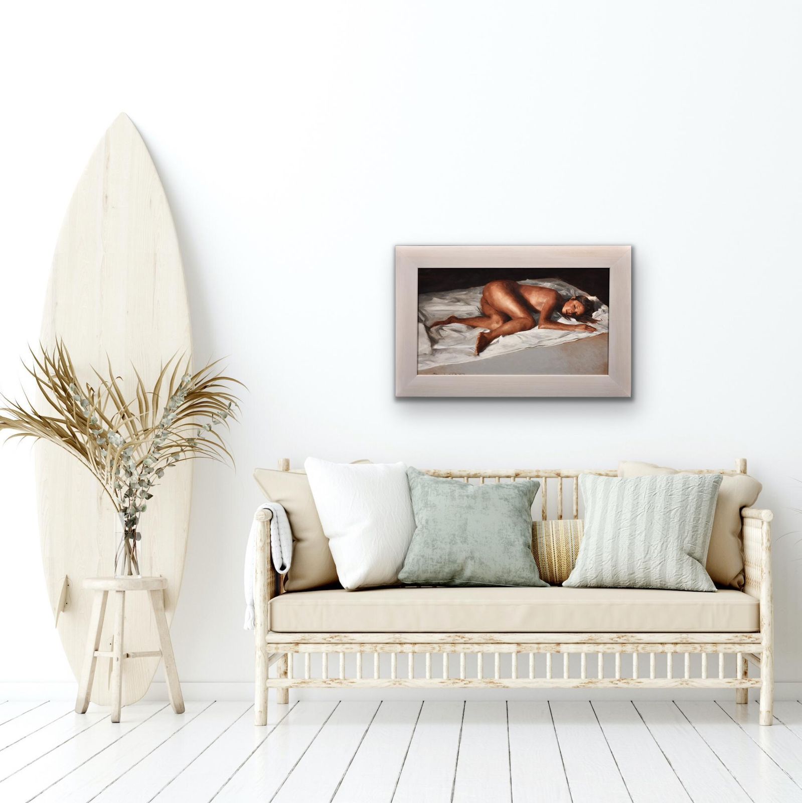 photo for sale David Knight B.1965.  English. White Linen. Oil On Canvas. Framed. Reclining Female Nude Pose. Artist Lives & Works In Cardiff, Wales.