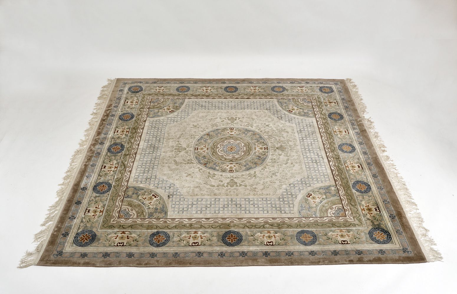 Large Oriental 20th Century Chinese  Silk Rug Cream Green Blue Rust Lotus Flowers