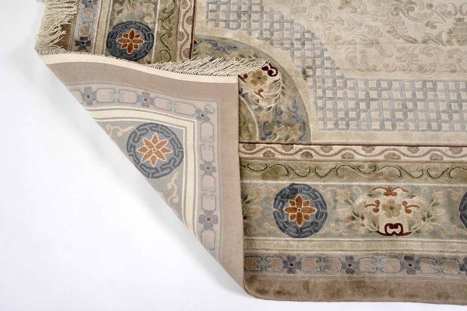 Large Oriental 20th Century Chinese  Silk Rug Cream Green Blue Rust Lotus Flowers photo for sale