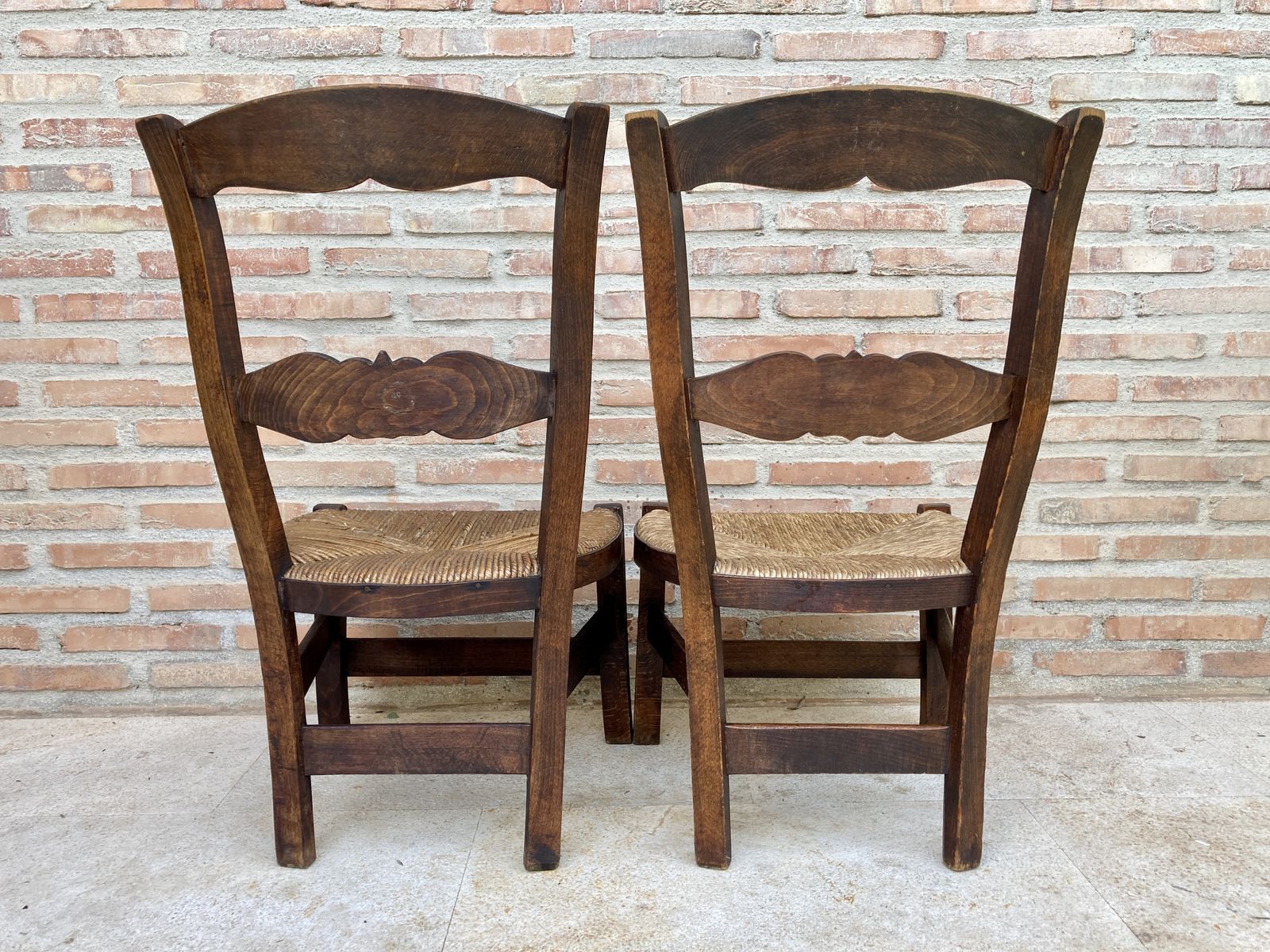 Mid Century French Oak And Rush Armchairs, Set Of 2 photo for sale