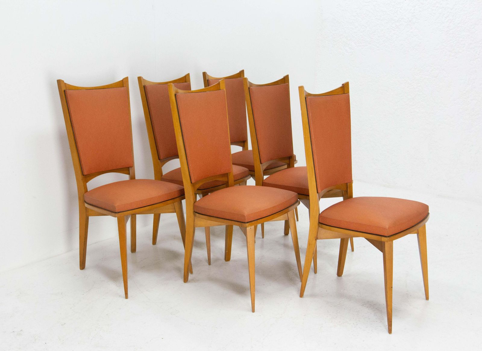 Six Dining Chairs Beech And Red Moleskine Midcentury French, Circa 1950 photo furniture