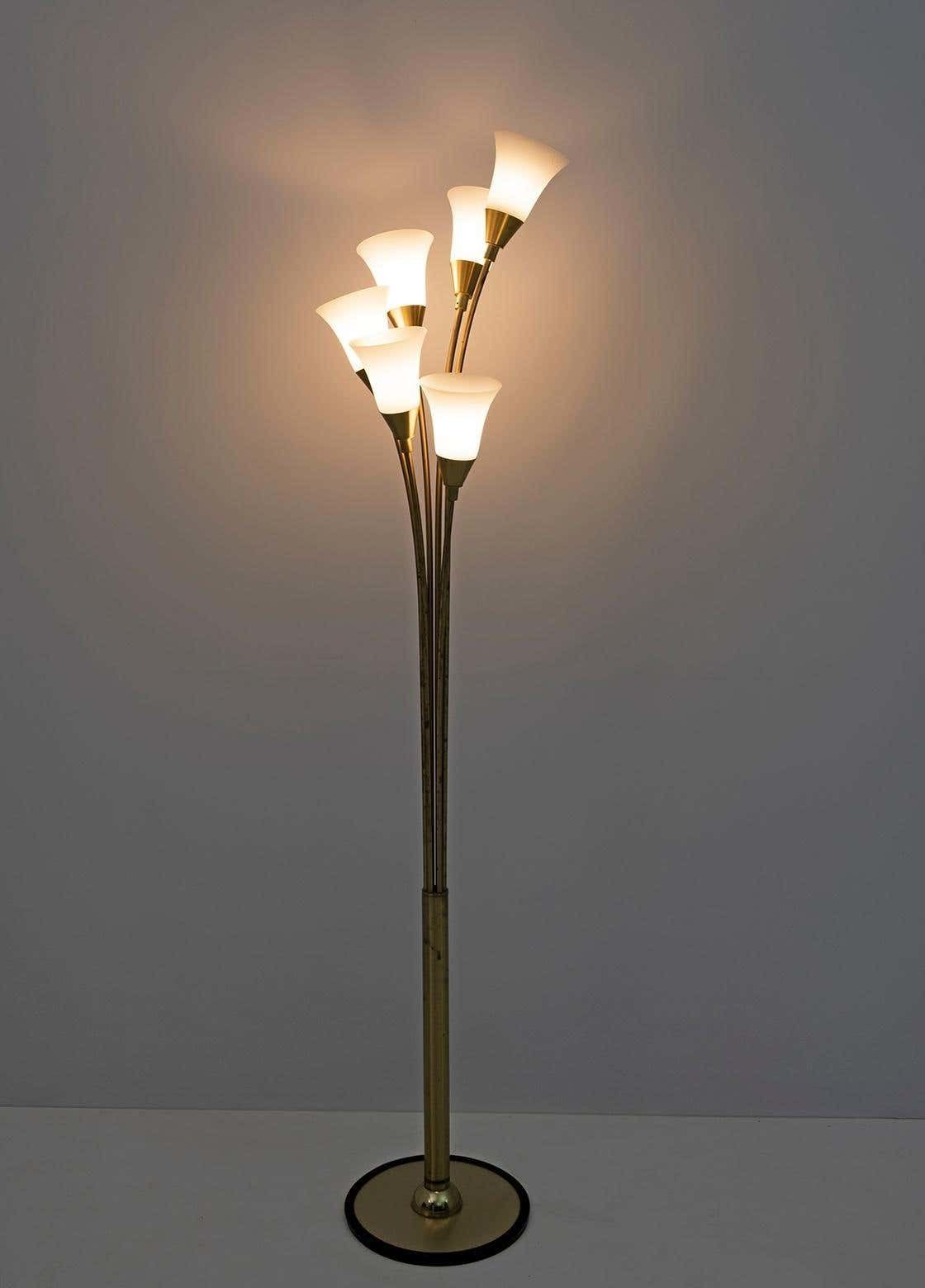 Mid Century Modern Italian Opaline Glass And Gilt Brass Tulip Floor Lamp, 60s photo for sale