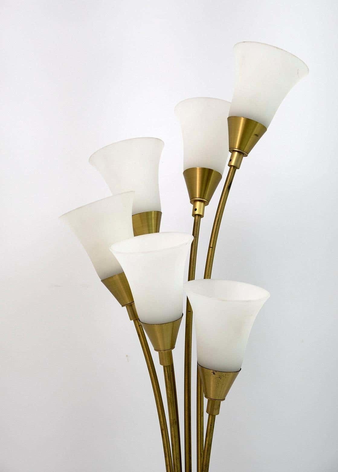 Mid Century Modern Italian Opaline Glass And Gilt Brass Tulip Floor Lamp, 60s photo vintage