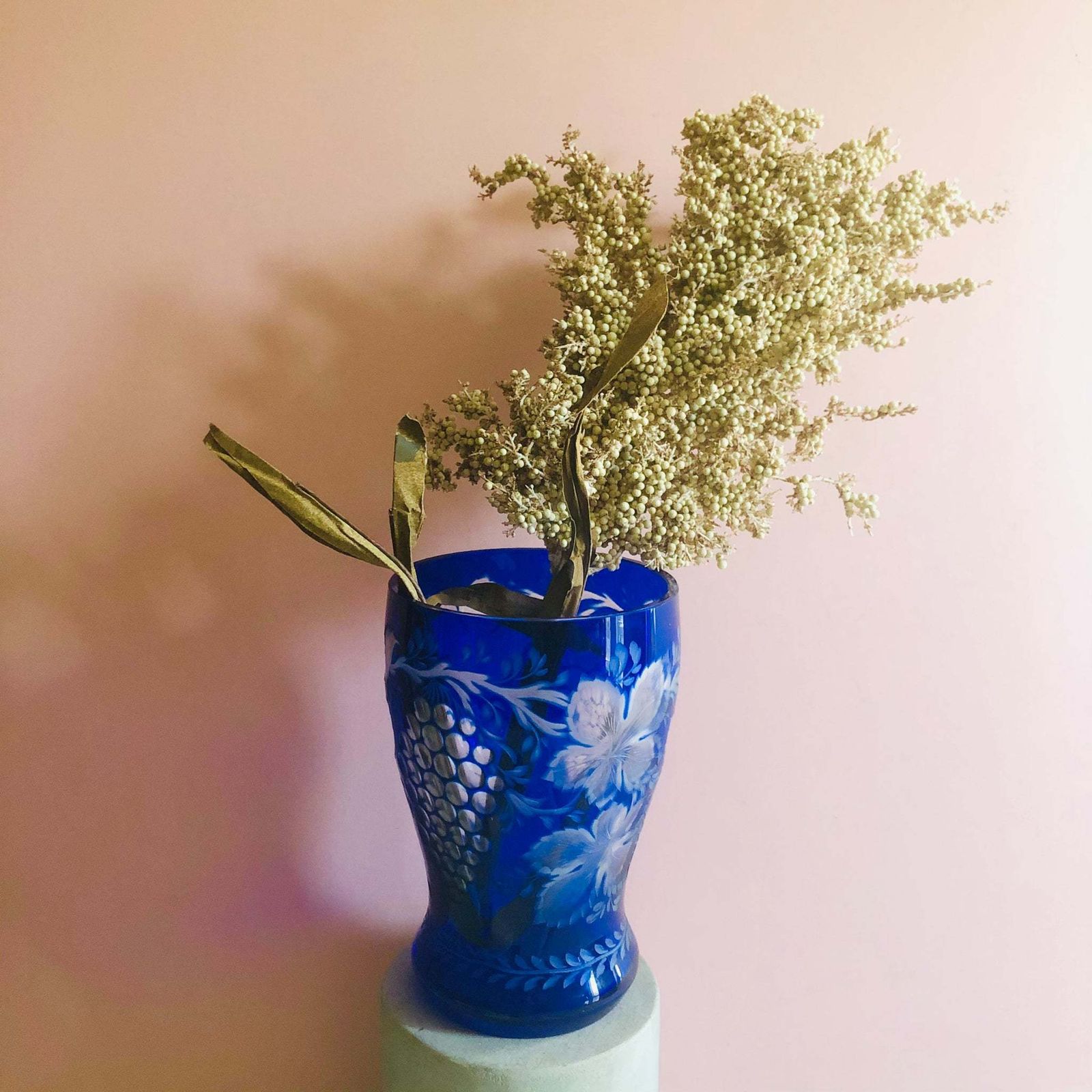 Vintage Blue Cut Glass Vase