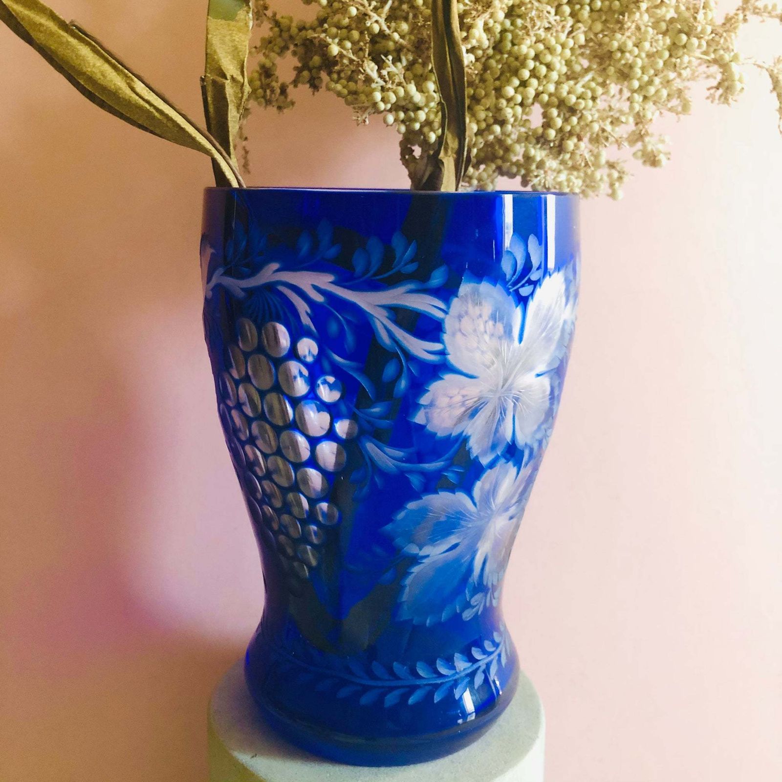 Vintage Blue Cut Glass Vase photo for sale